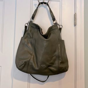 Coach leather hobo bag with shoulder and crossbody straps. Olive.